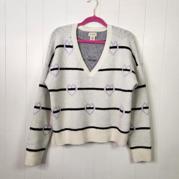 Jessica Simpson White Purple Stripe V-Neck Sweater Fuzzy Stretchy Size XL New - Picture 1 of 7